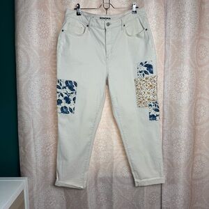 Sonoma Boho Khaki Tan Boyfriend Jeans Floral Patchwork Accents Cotton Size 14
